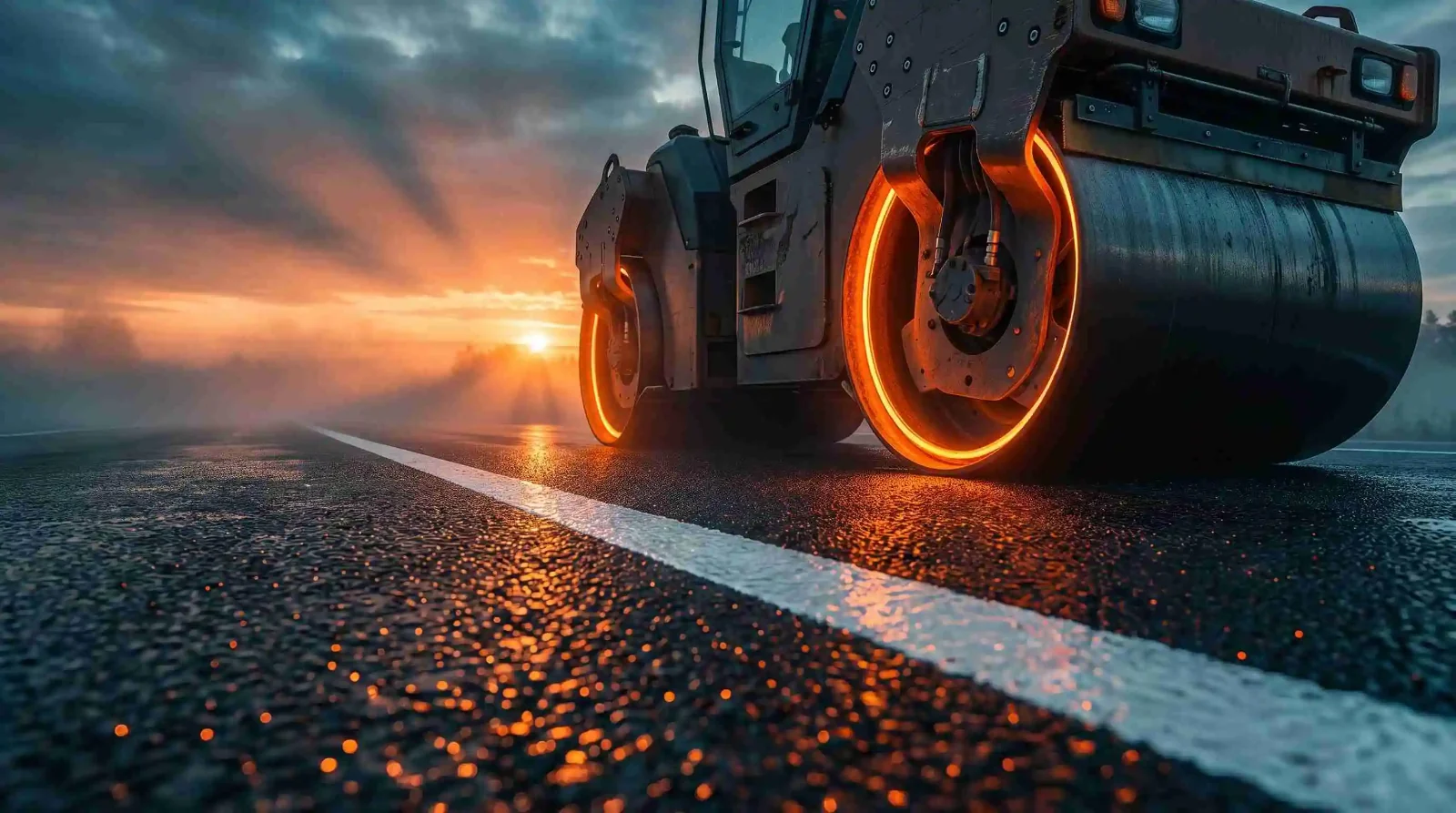 Heavy road compaction roller laying bitumen on highway